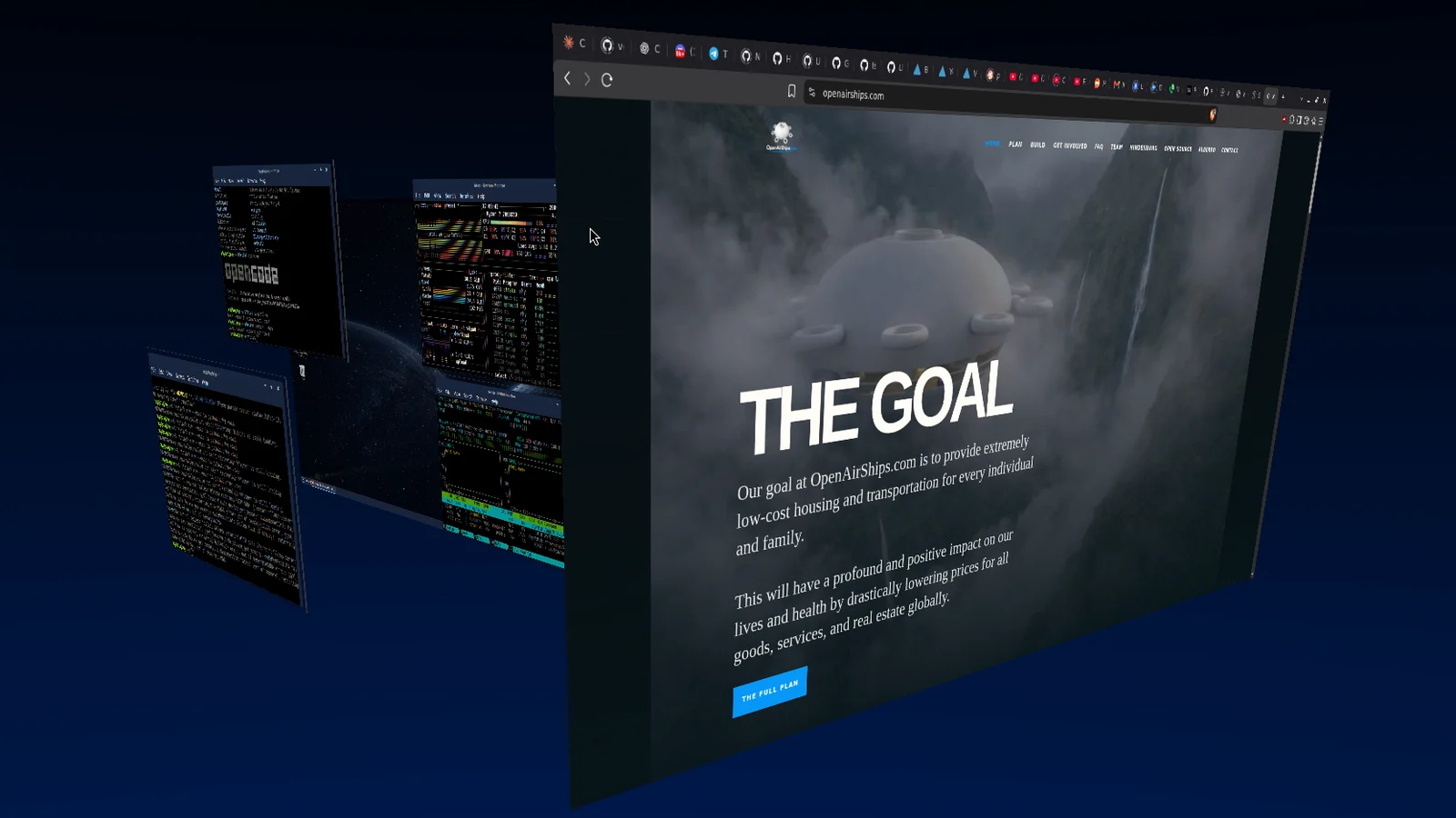 Spaced Linux Compiz workspace cube with a browser and terminals