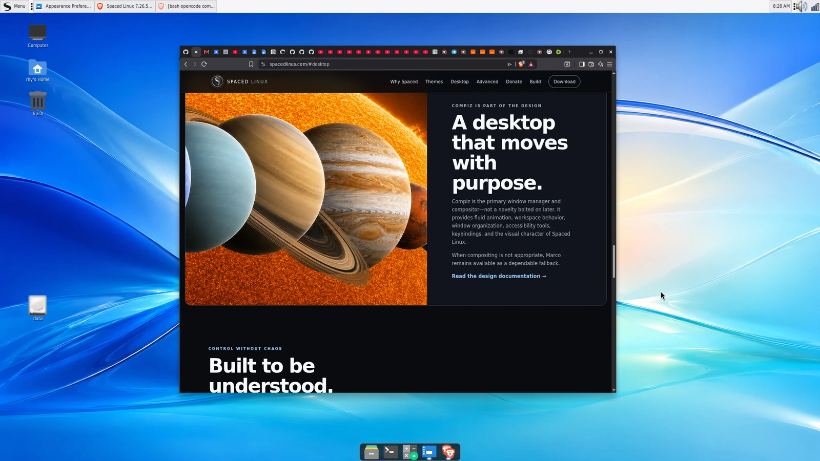 Spaced Linux Mac OS X-inspired desktop with a top panel and bottom application dock